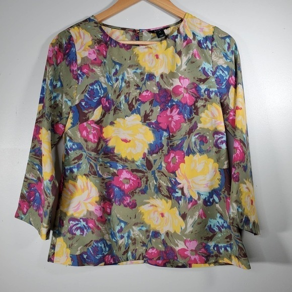 J. Crew Scoopneck Floral Print 3/4 Sleeve Blouse Pink Yellow Size XS - Picture 9 of 9